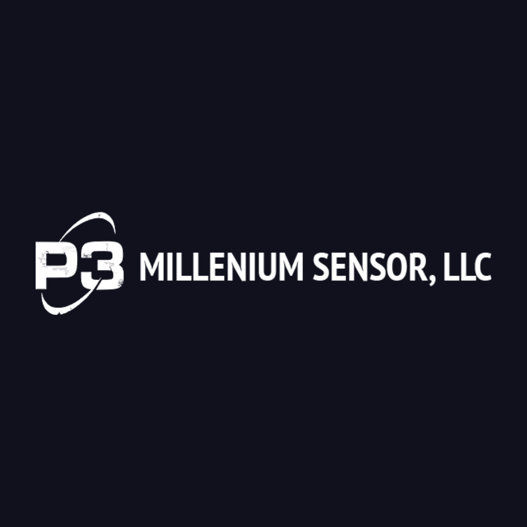 the logo for p3 millenium sensor , llc is on a black background .