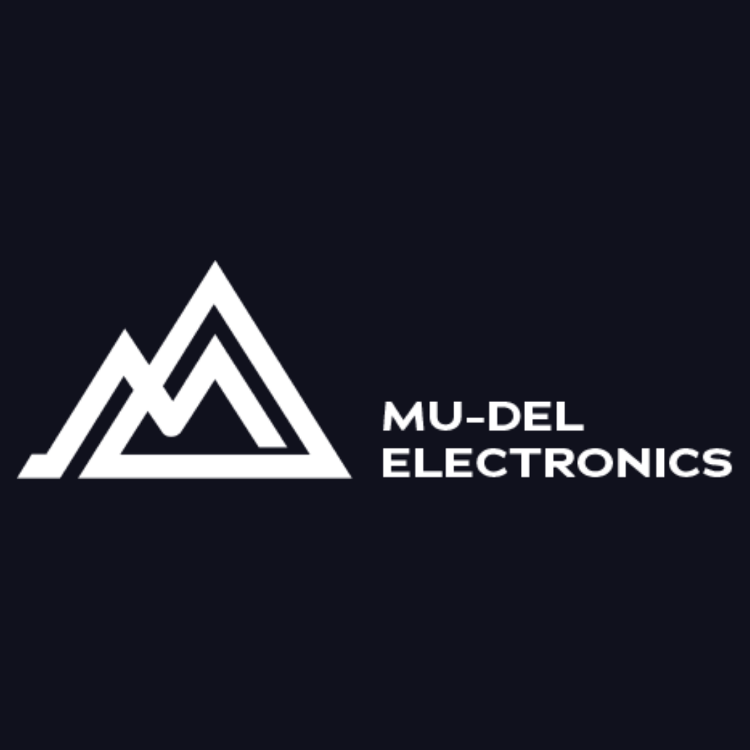 mu-del electronics logo on a dark blue background