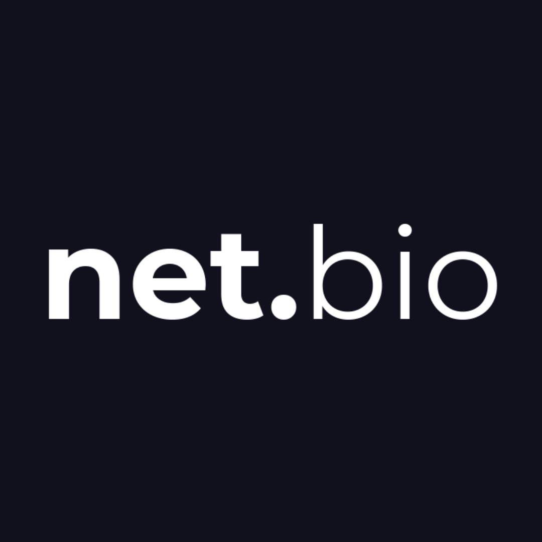 the net.bio logo is white on a black background .