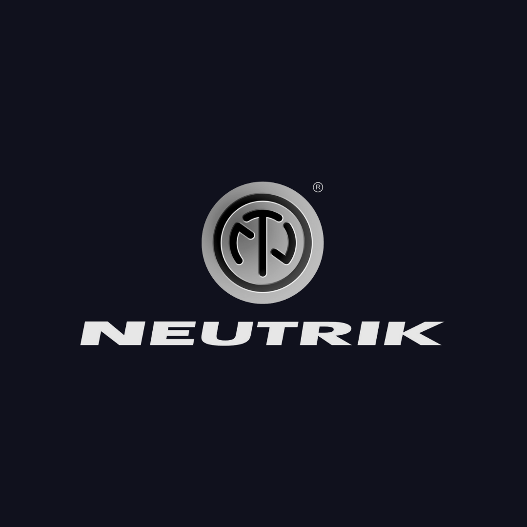 a logo for a company called neutrik on a dark blue background