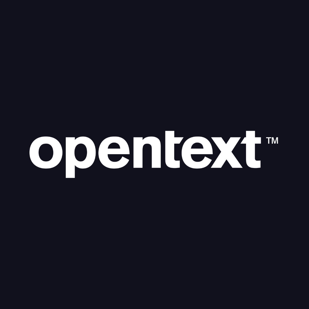 the logo for opentext is white on a black background .
