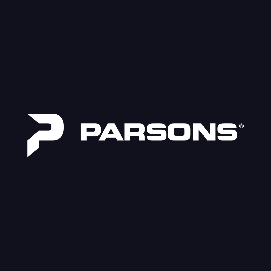 the parsons logo is white on a dark blue background .