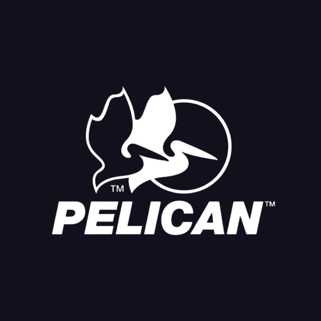 the pelican logo is white on a black background .
