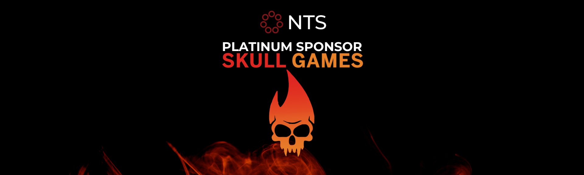 A black background with a skull and the words platinum sponsor skull games