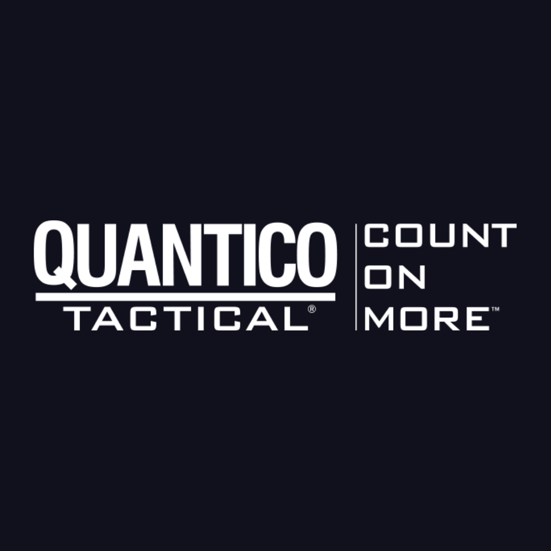 the quantico tactical logo is on a dark blue background .