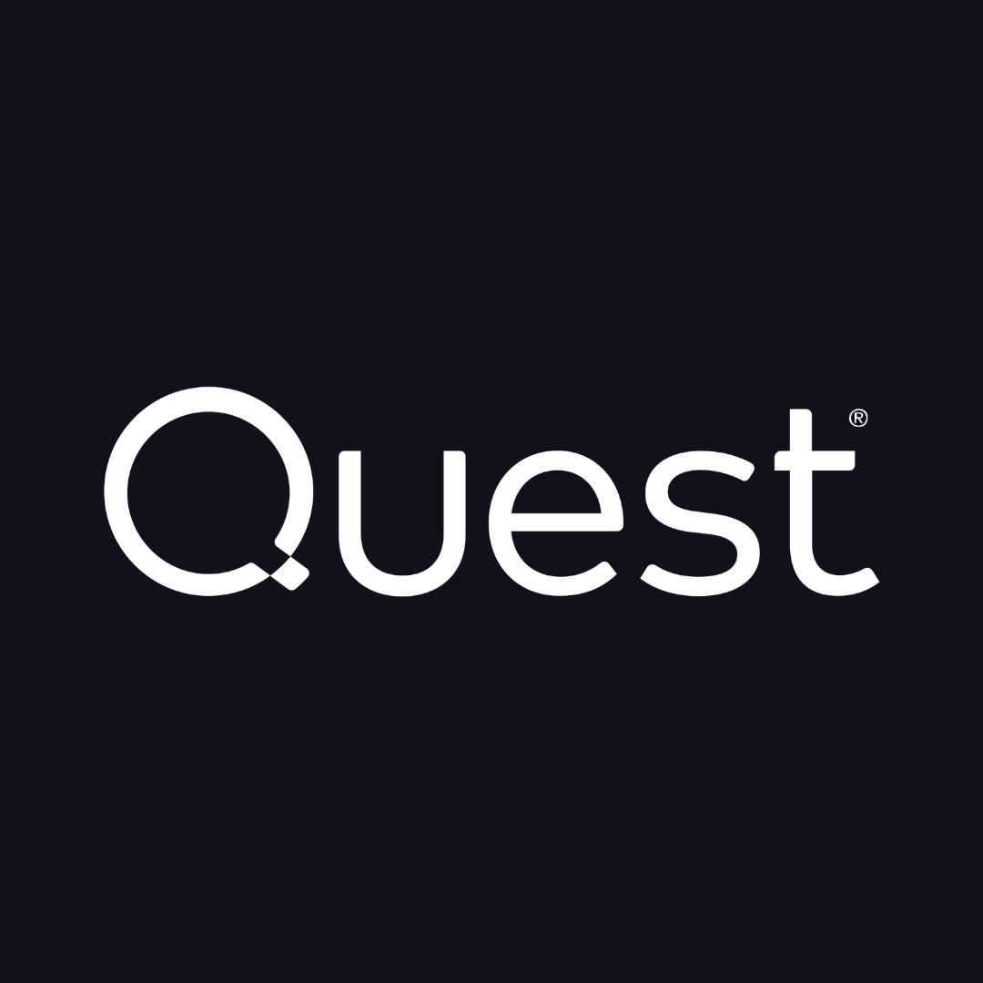 the quest logo is white on a black background .
