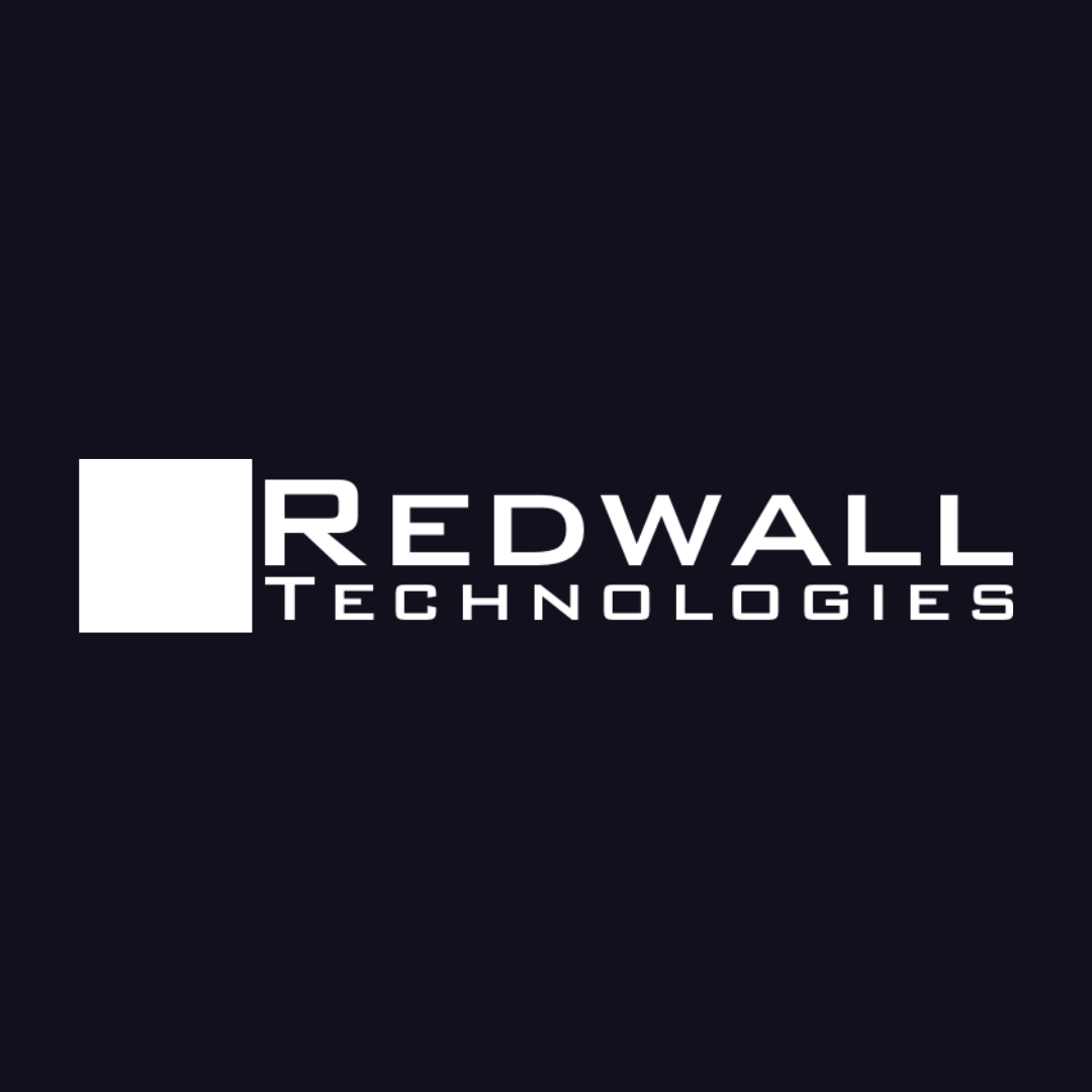 the logo for redwall technologies is white on a dark blue background .