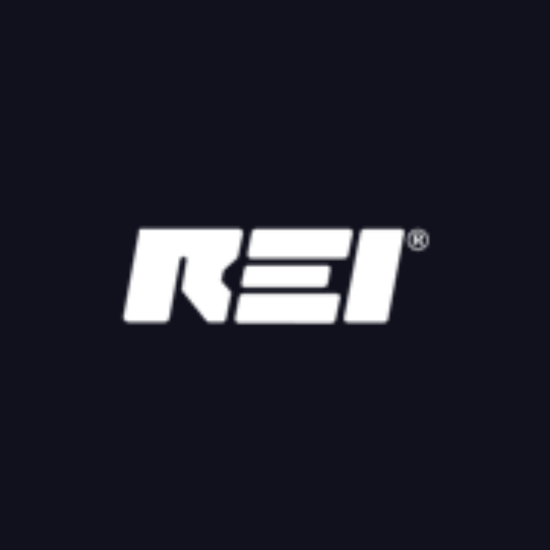 a white rei logo on a dark blue background