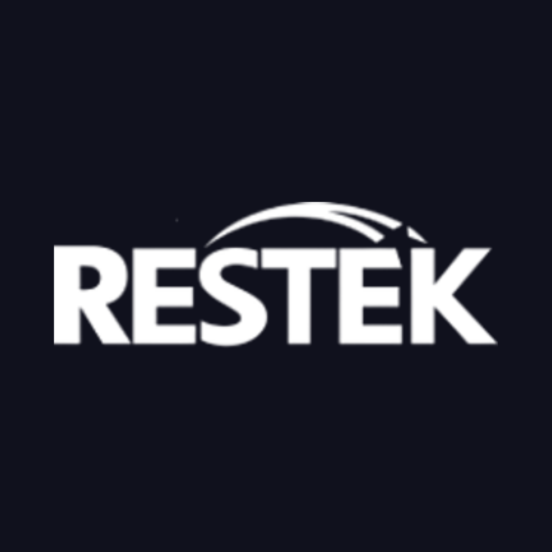 the restek logo is white on a dark blue background
