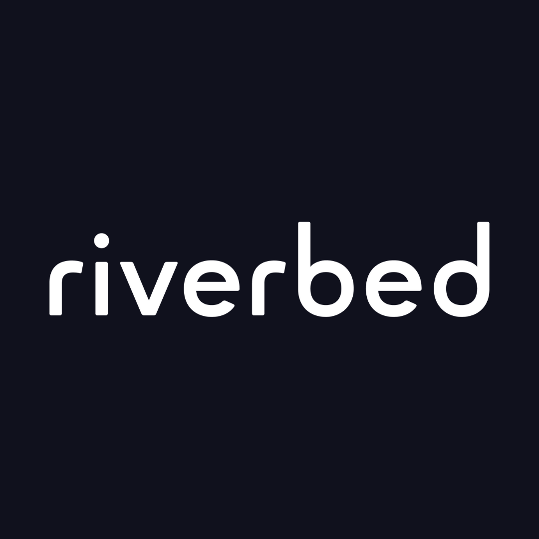 the logo for riverbed is white on a dark blue background .