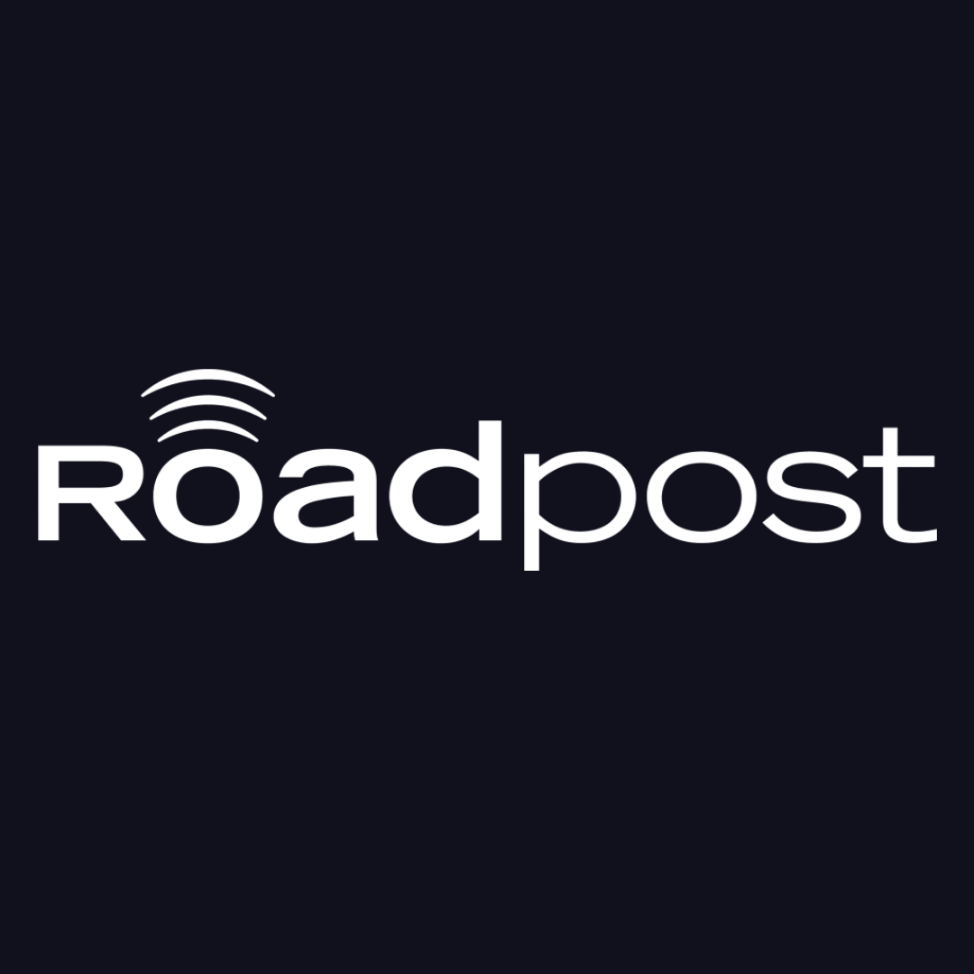the roadpost logo is white on a dark blue background .