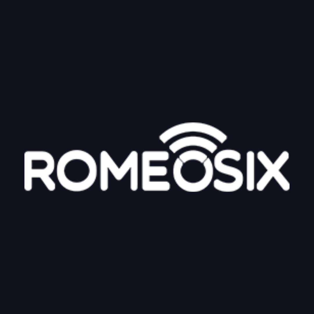 the logo for romeosix is white on a dark blue background .