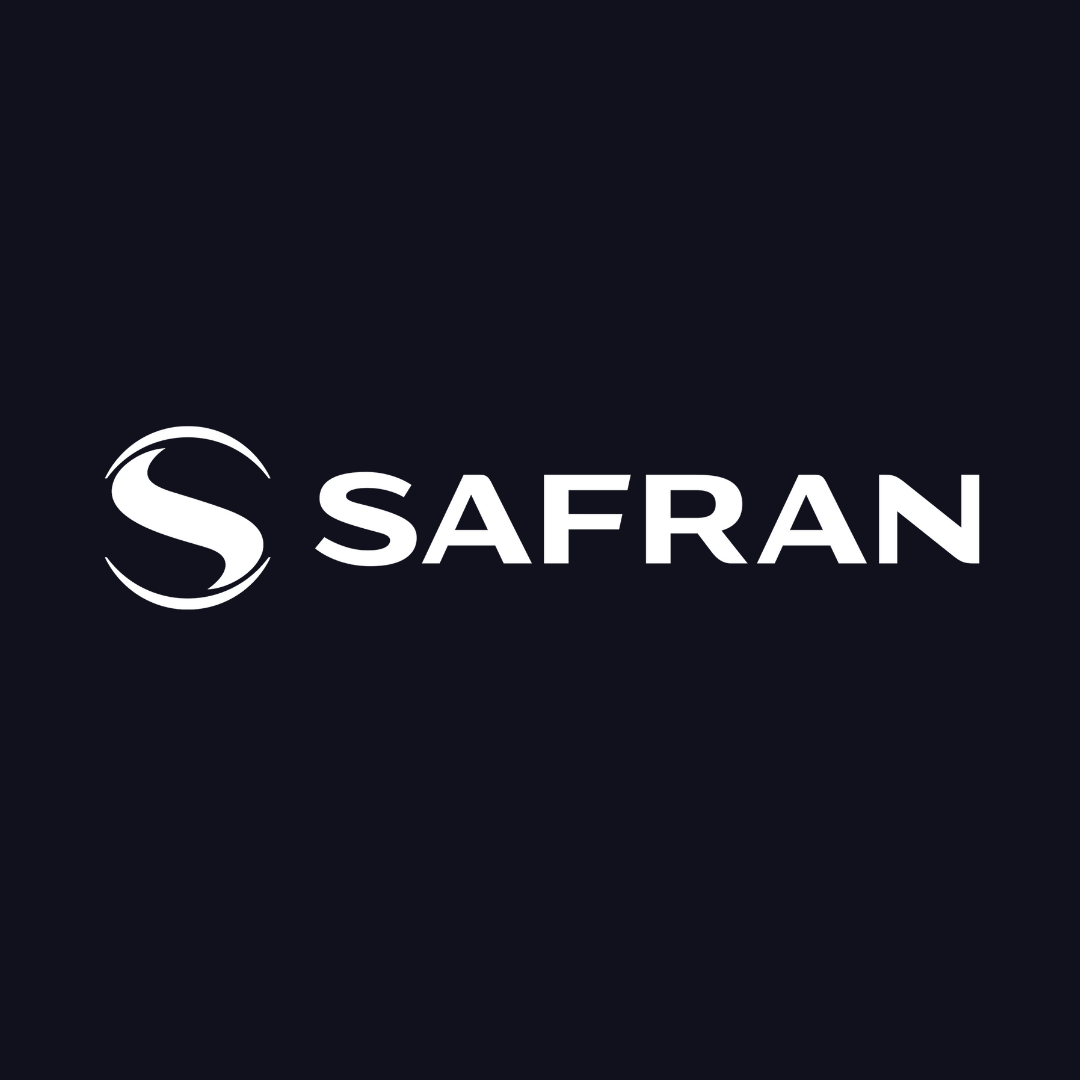 the safran logo is white on a dark blue background .