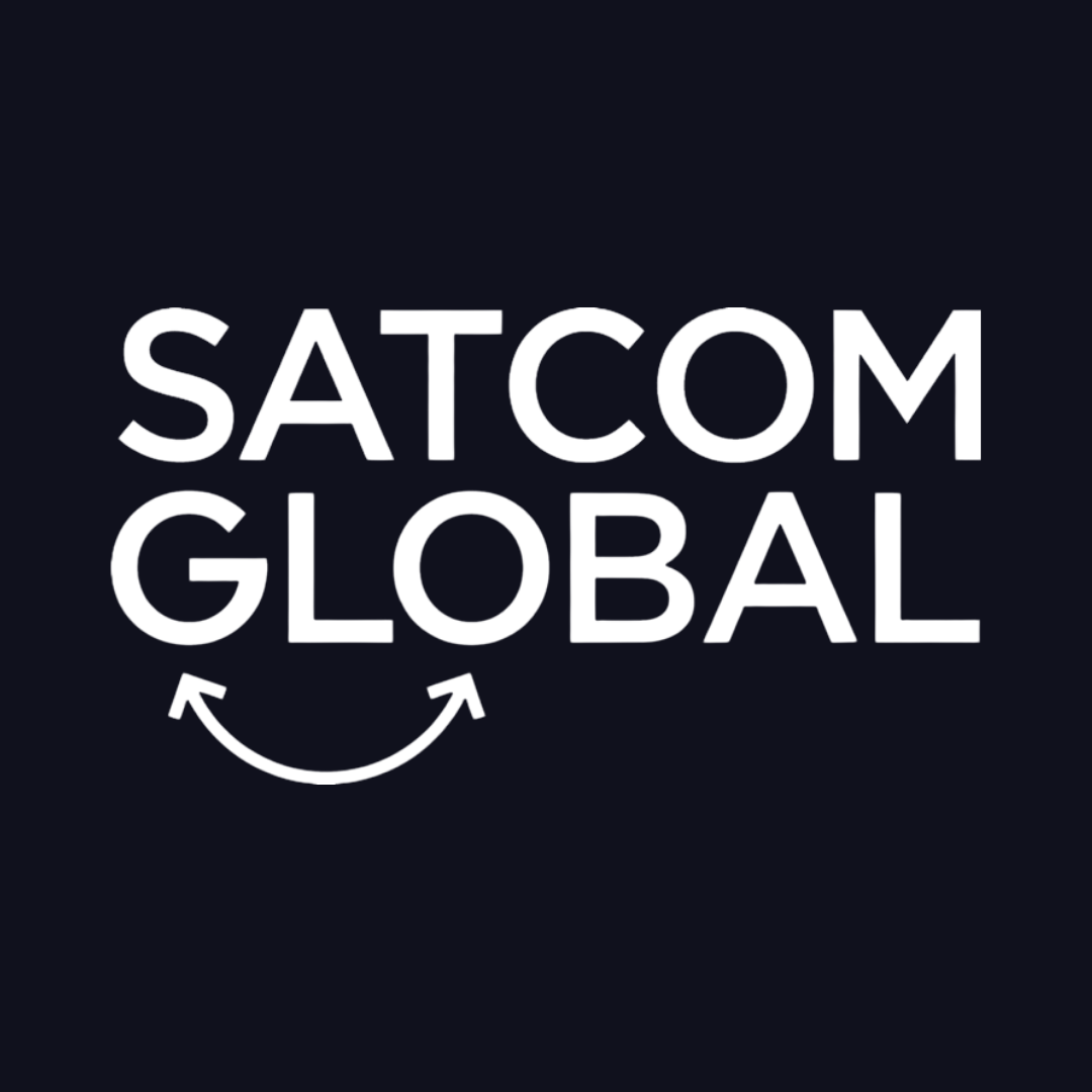 the logo for satcom global is white on a black background .