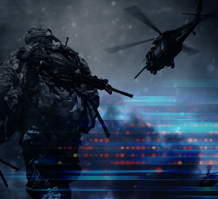 a close up of a military man with gun with red and blue lights coming out of it .