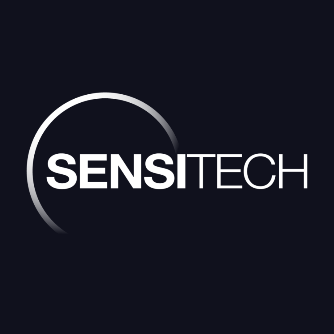 the logo for sensitech is a white circle on a black background .