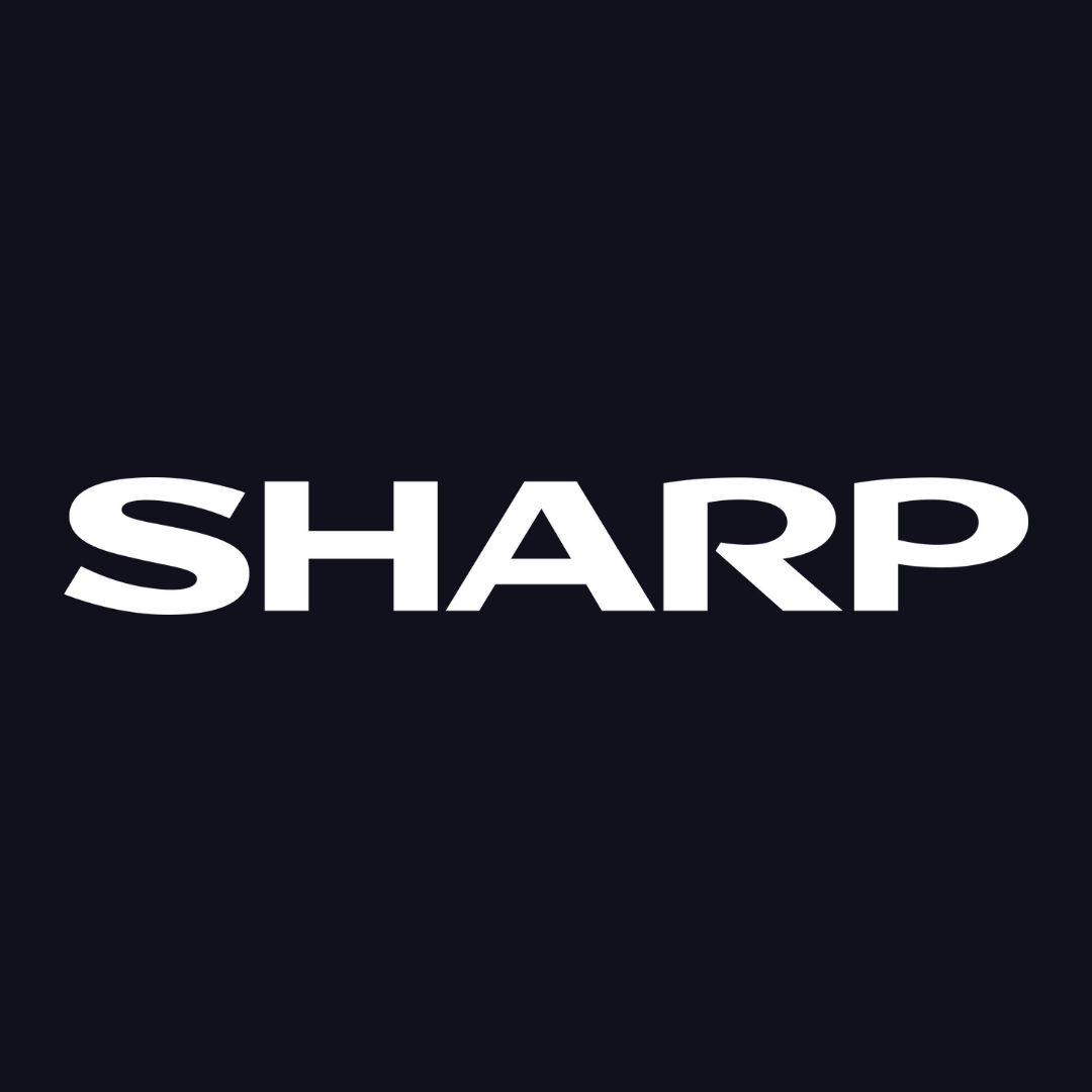 the sharp logo is white on a black background