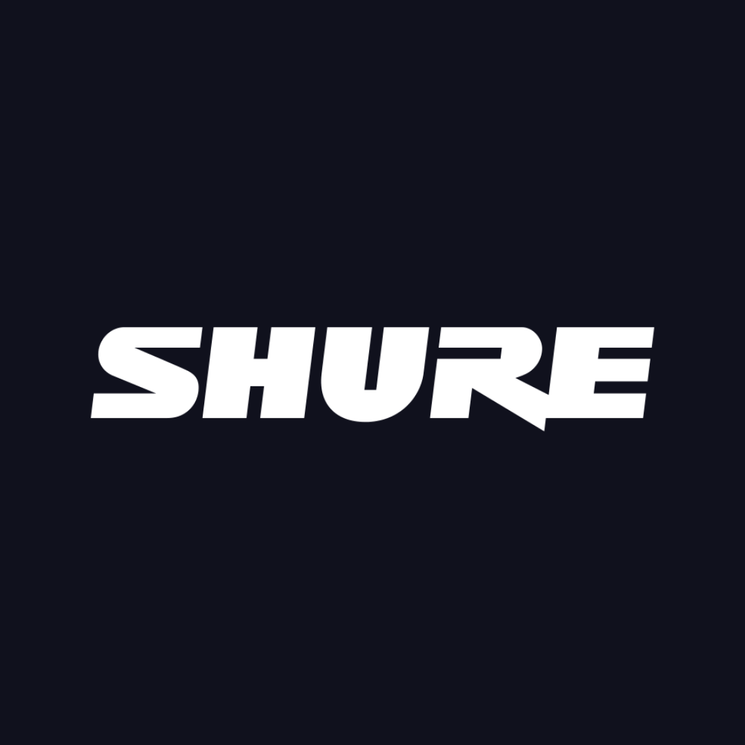 the shure logo is on a black background
