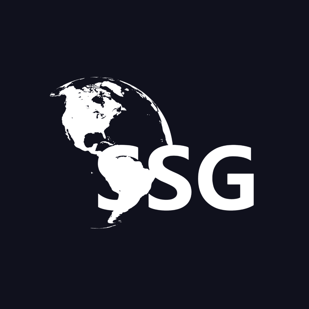 a black and white logo with a globe and the word sg