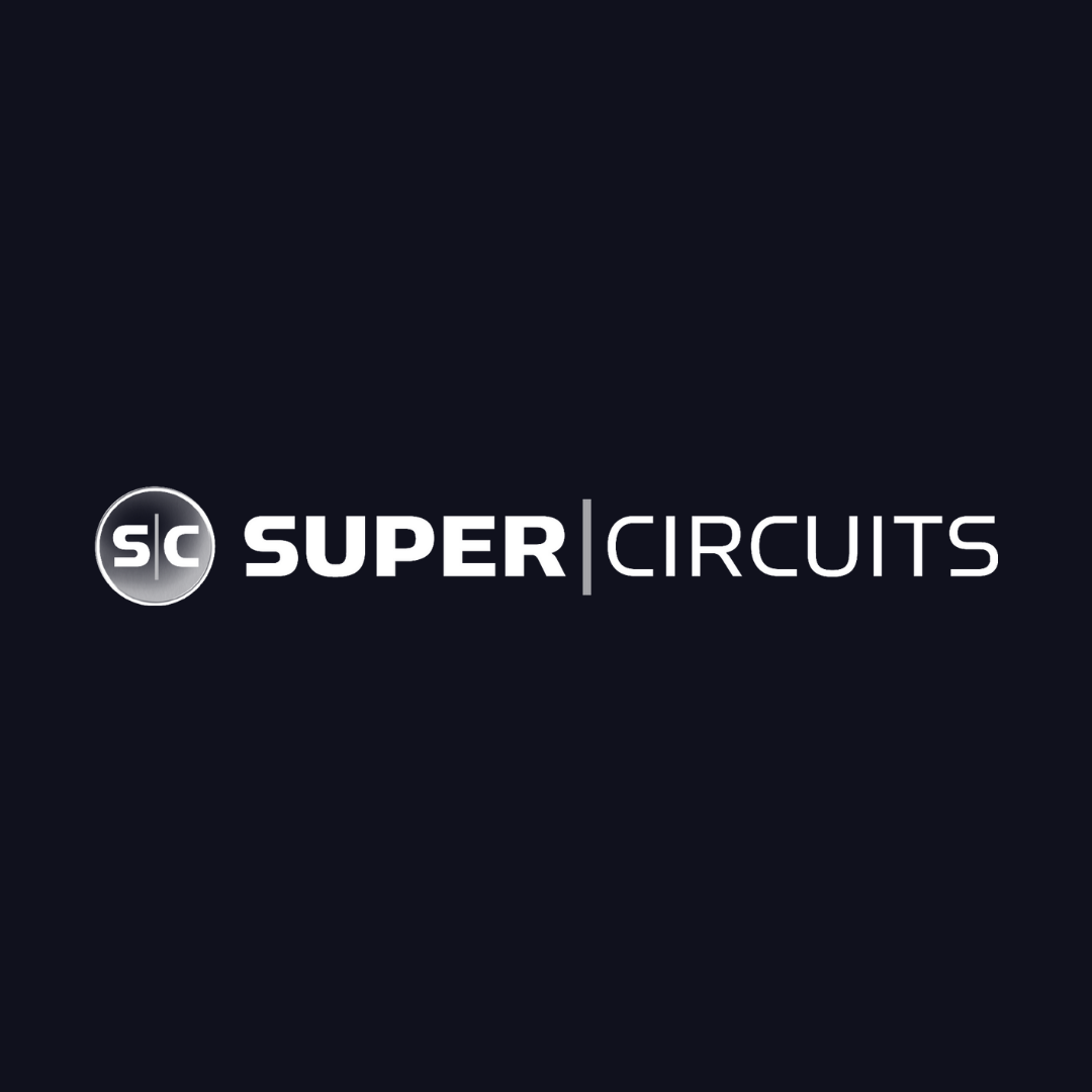 the logo for super circuits is on a dark blue background .