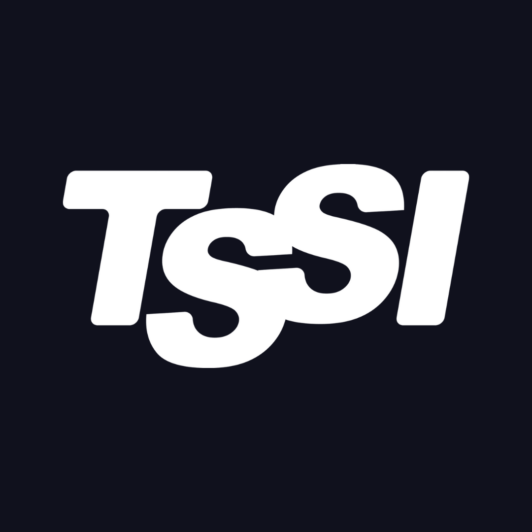 the tssi logo is white on a black background