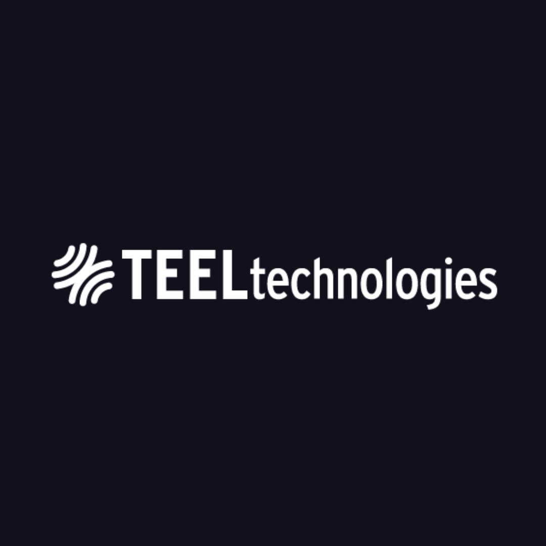 the teel technologies logo is on a dark blue background .