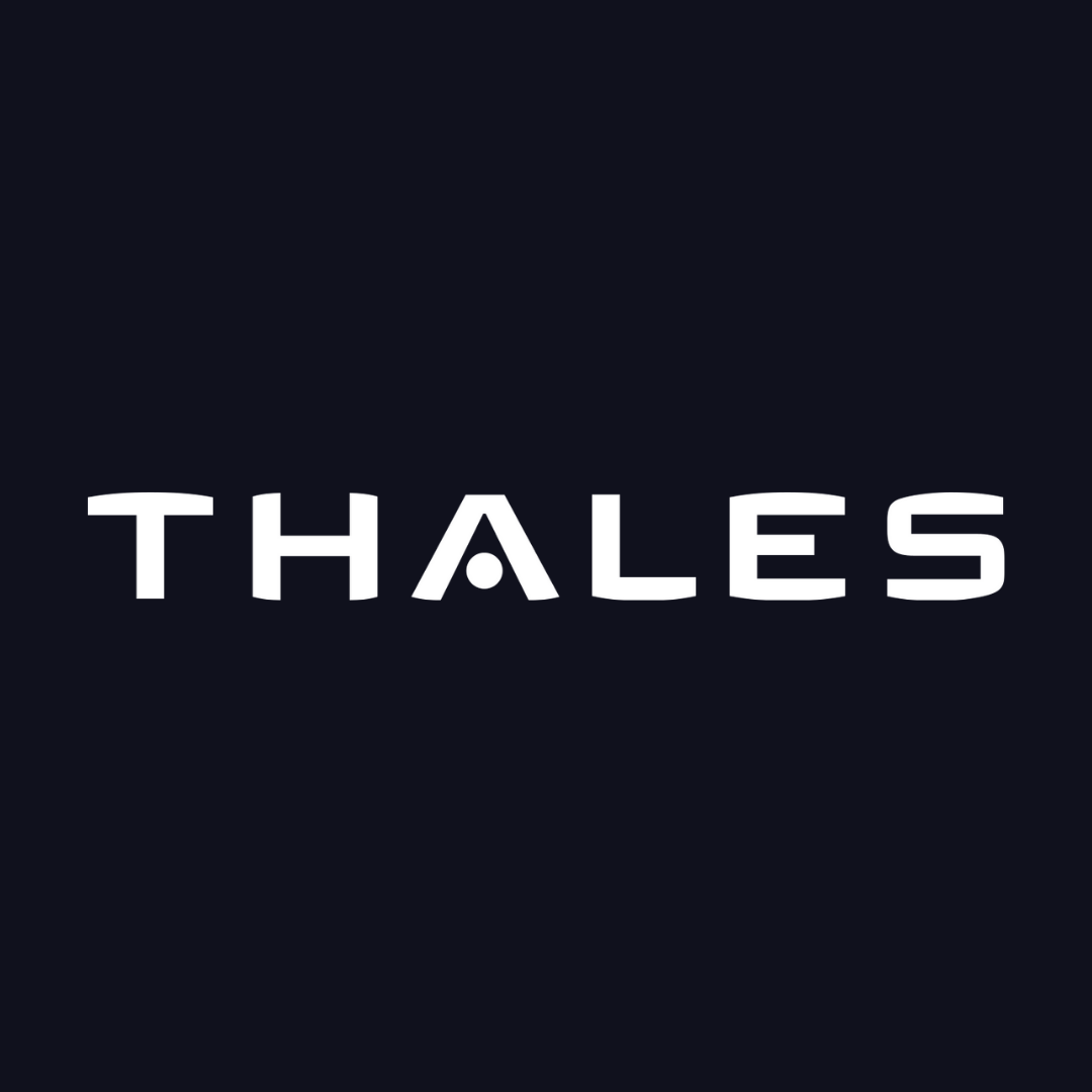 the thales logo is white on a dark blue background .