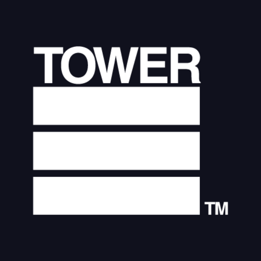 the tower tm logo is white on a black background .