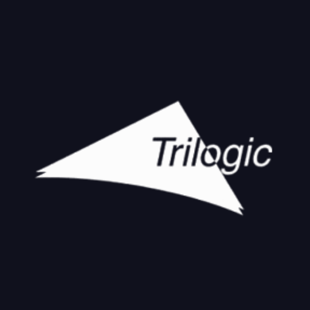 a trilogic logo on a dark blue background