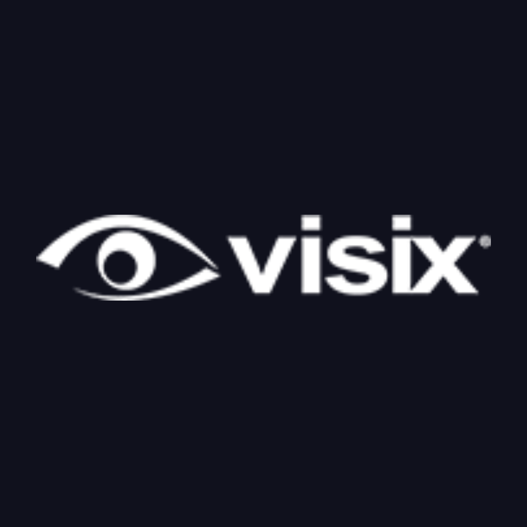 the visix logo is a white eye on a black background .