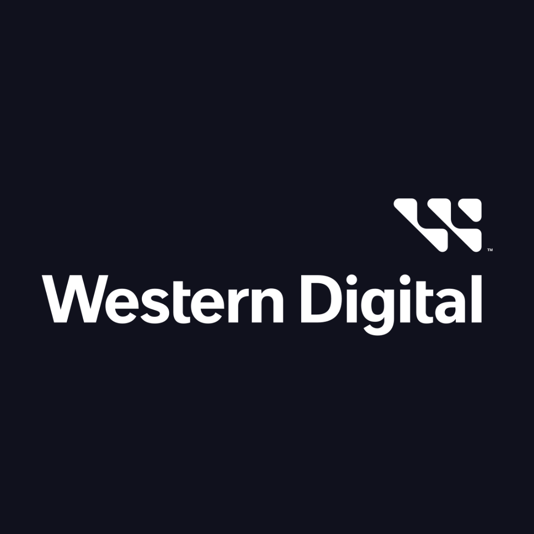 the western digital logo is white on a dark blue background .