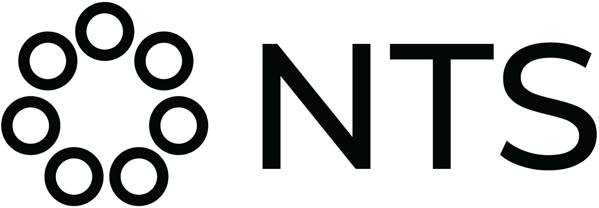 a black and white logo for nts with circles around the word nts .