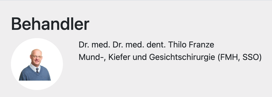 Informationen über einen Arzt namens Thilo Franz, der Spezialist für Mund-, Kiefer- und Gesichtschirurgie ist.