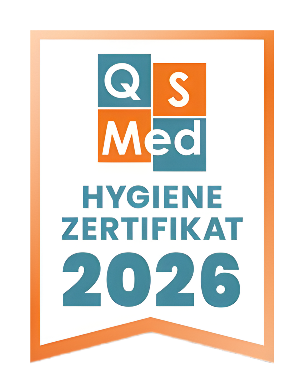 QSMed-Hygienezertifizierung 2026, orange-türkisfarbenes Abzeichen.