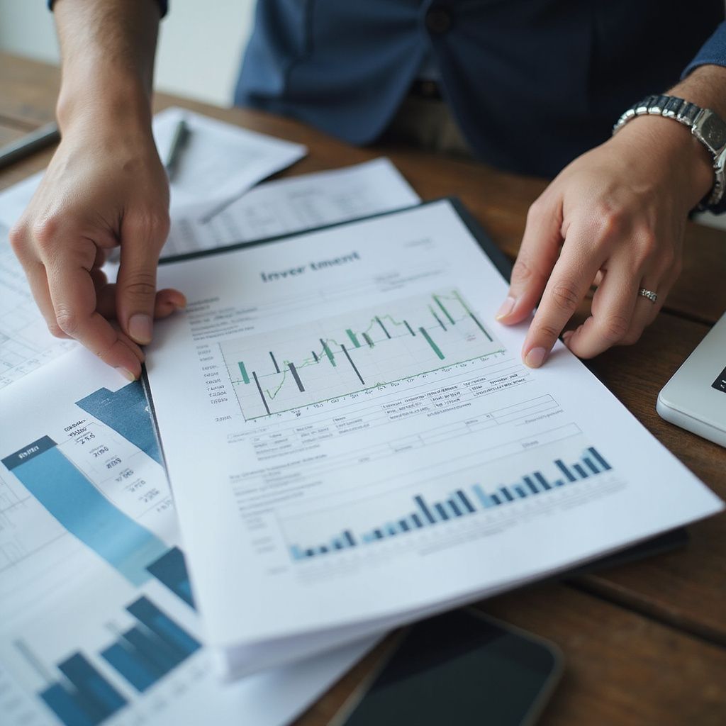 Person examining financial reports, possibly at a desk. Documents include graphs and charts.