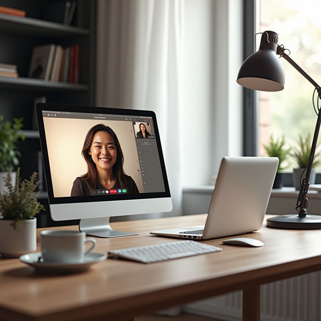 A woman on a video call on a desktop computer, working at a desk in a home office.