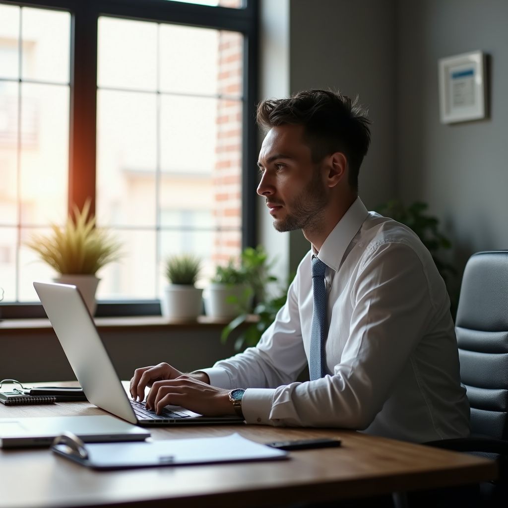Man in white shirt typing on laptop at a desk in an office setting.