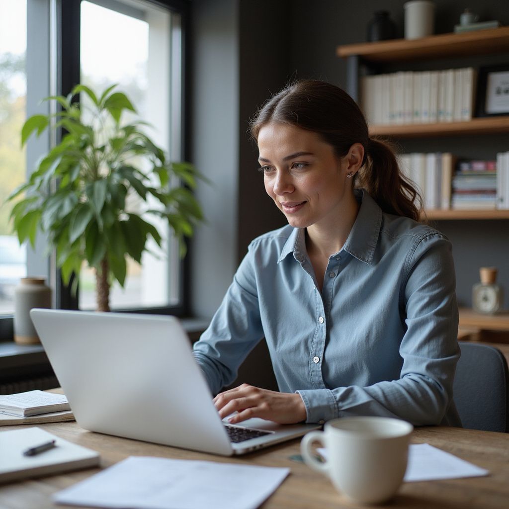 Woman working on laptop at a desk, smiling. Cup of coffee, books and plant in background.