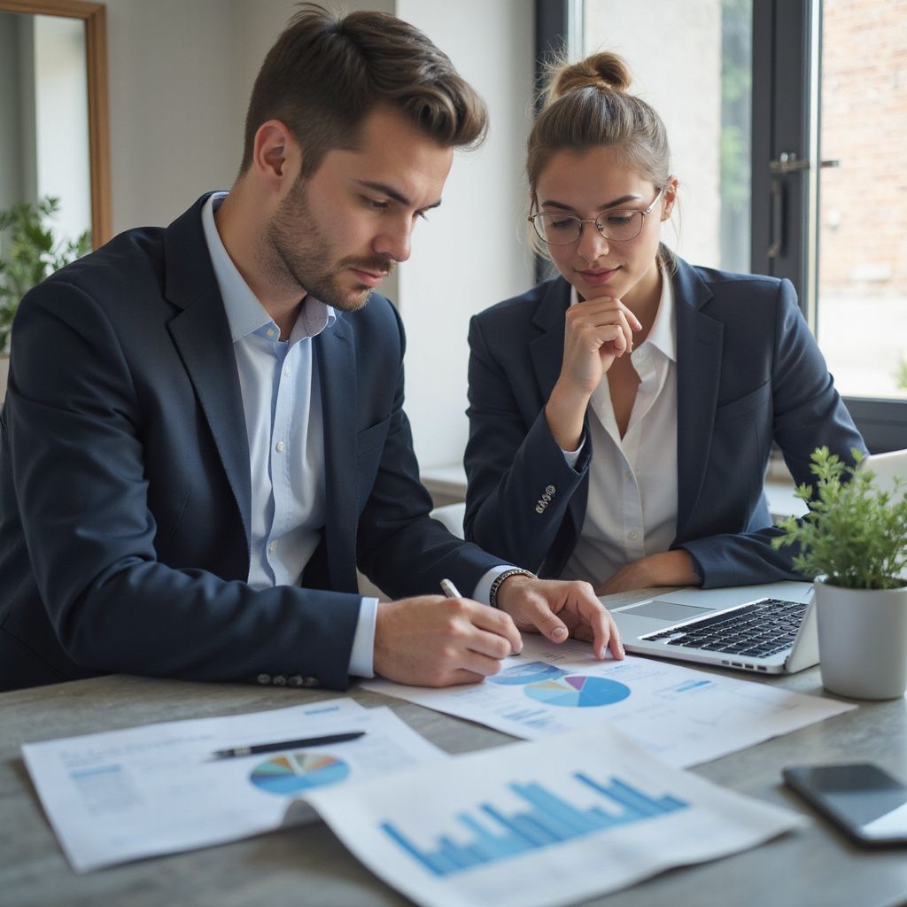 Two people in suits reviewing charts at a desk, laptop present.