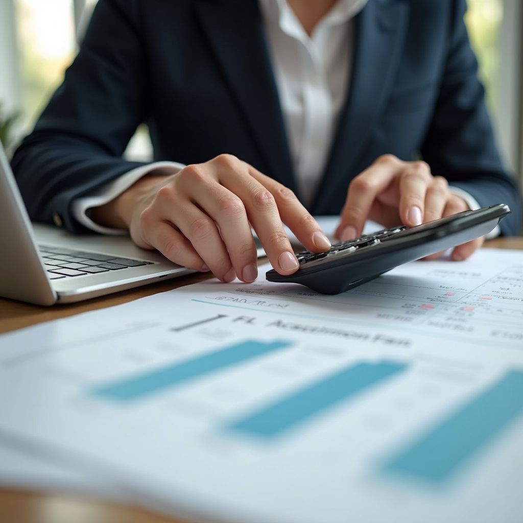 Person in suit uses calculator over financial documents near a laptop.