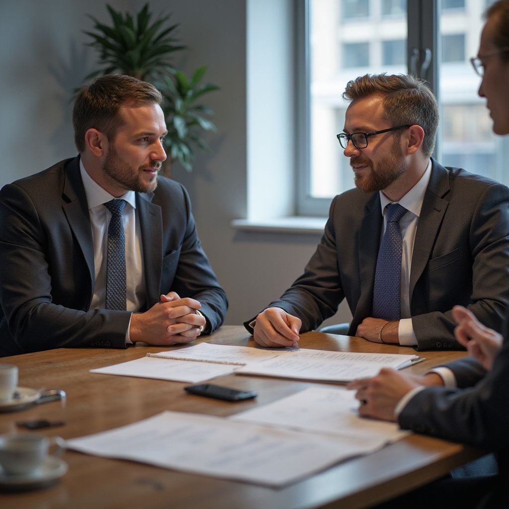 Men in suits at a table, papers spread, discussing; business meeting in an office setting.