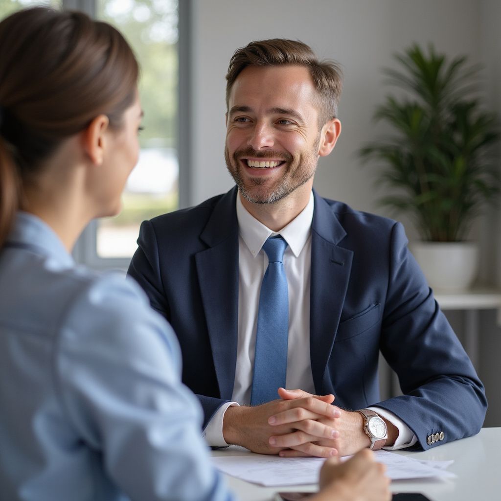 Man in suit smiles at woman in light blue shirt, indoors, possibly an interview.