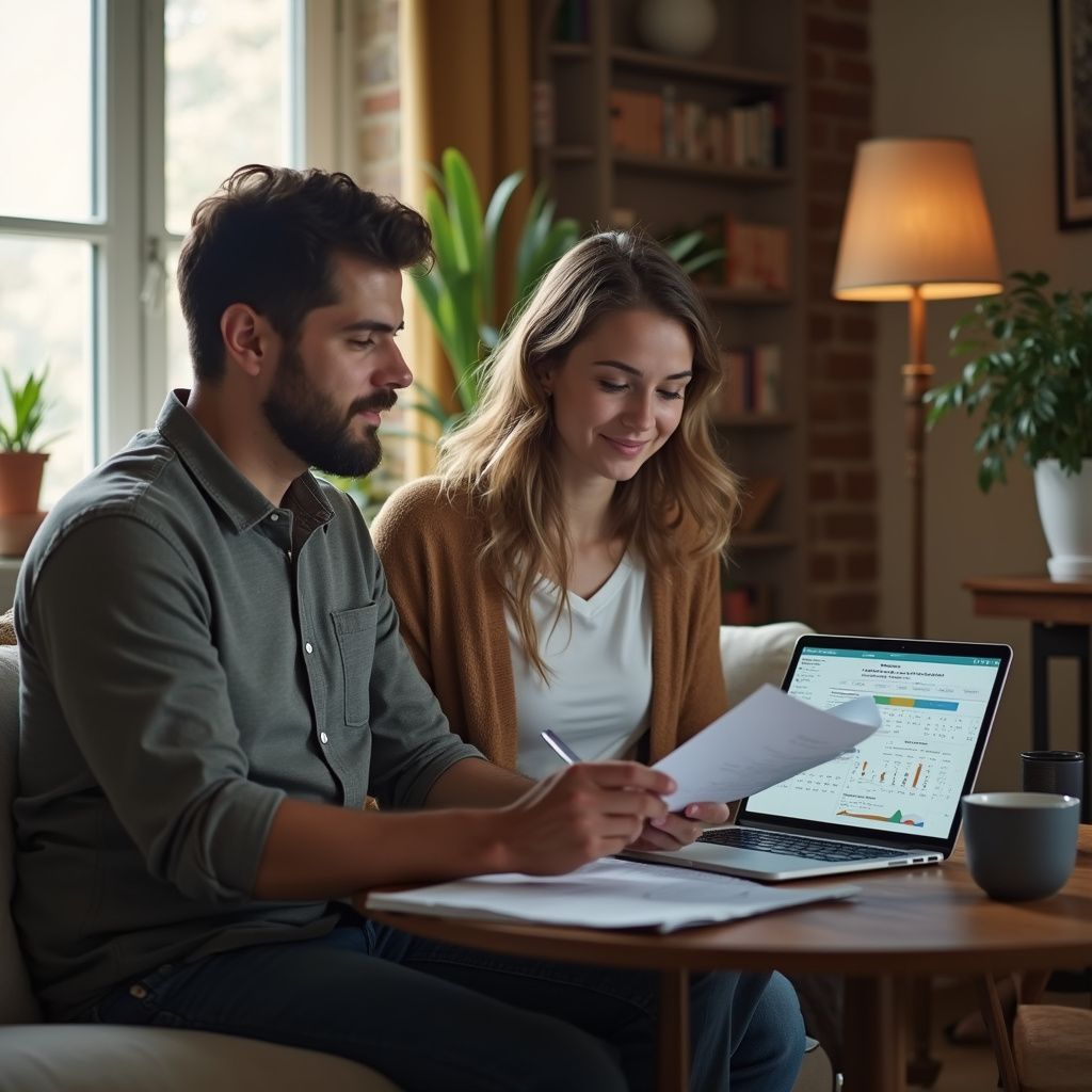 Couple reviews financial documents together at a table with laptop, papers, and coffee in a home setting.