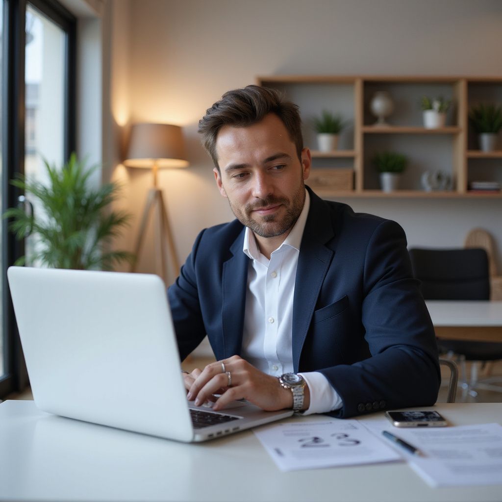 Man in suit working on laptop at desk.