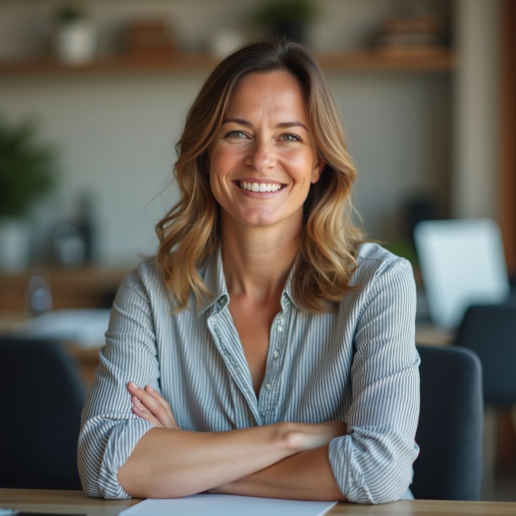 Woman with crossed arms smiles at the camera in a modern office setting.