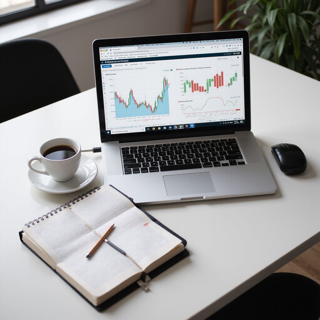 Laptop displaying stock charts with notebook, coffee, and mouse on a white table.