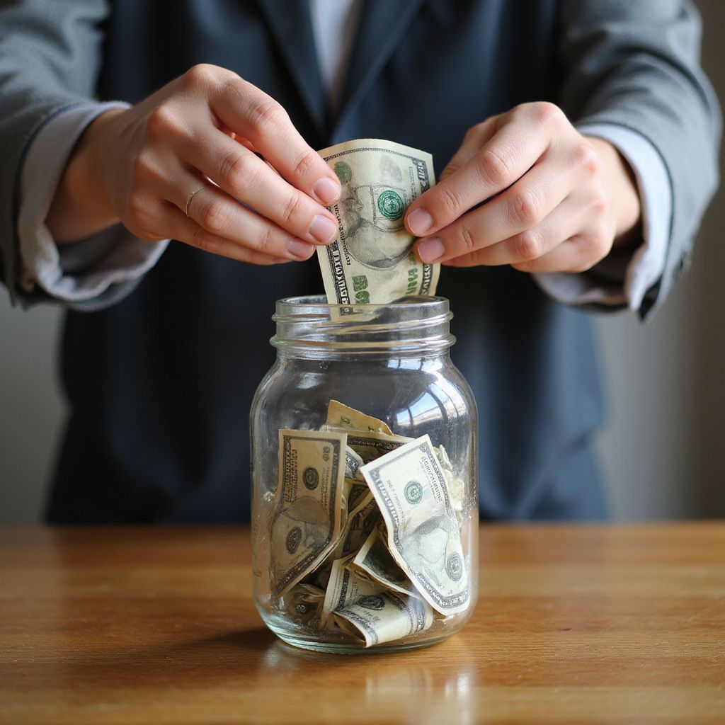 Person placing a US dollar bill into a glass jar filled with cash on a wooden table.
