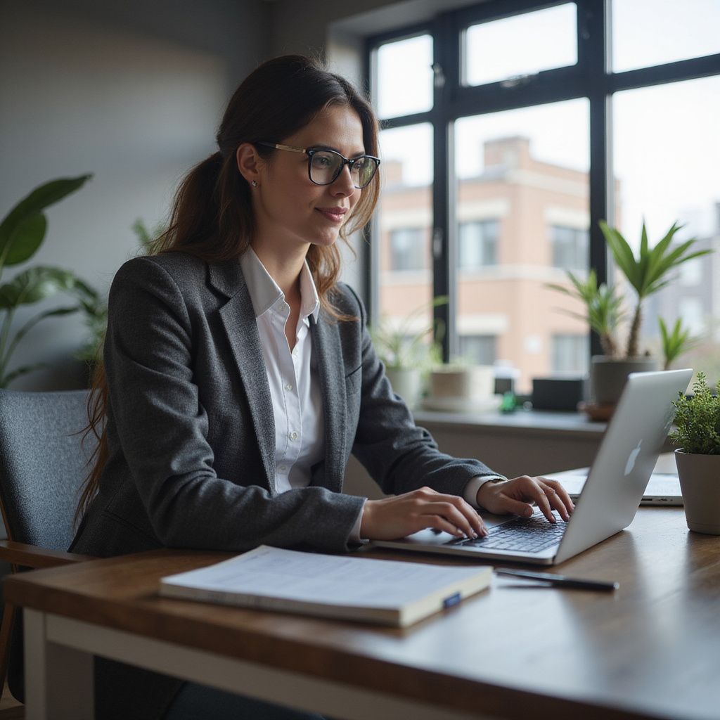 Woman in glasses, jacket, typing on laptop at desk with documents, near window with plants.