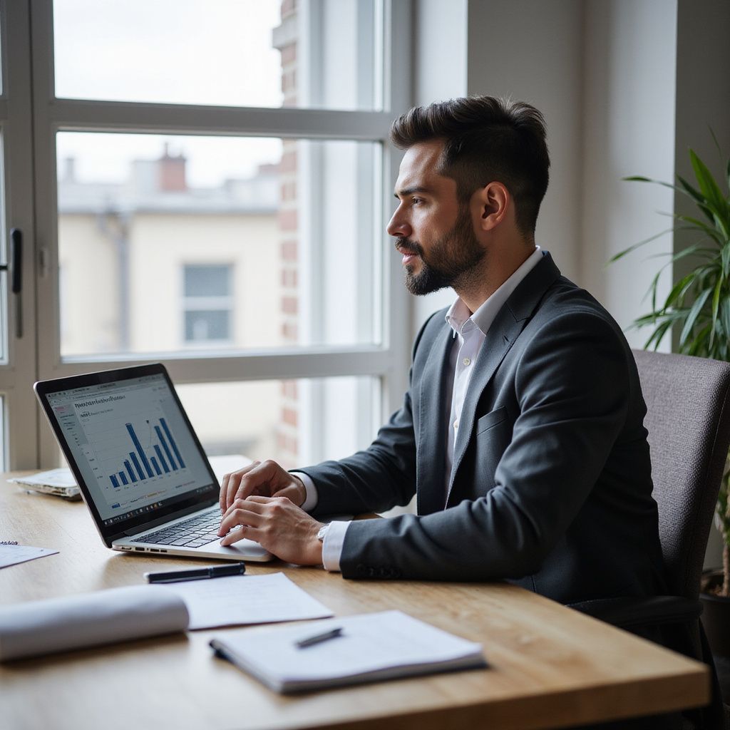 Man in a suit working on a laptop at a desk, looking at charts. Office setting.
