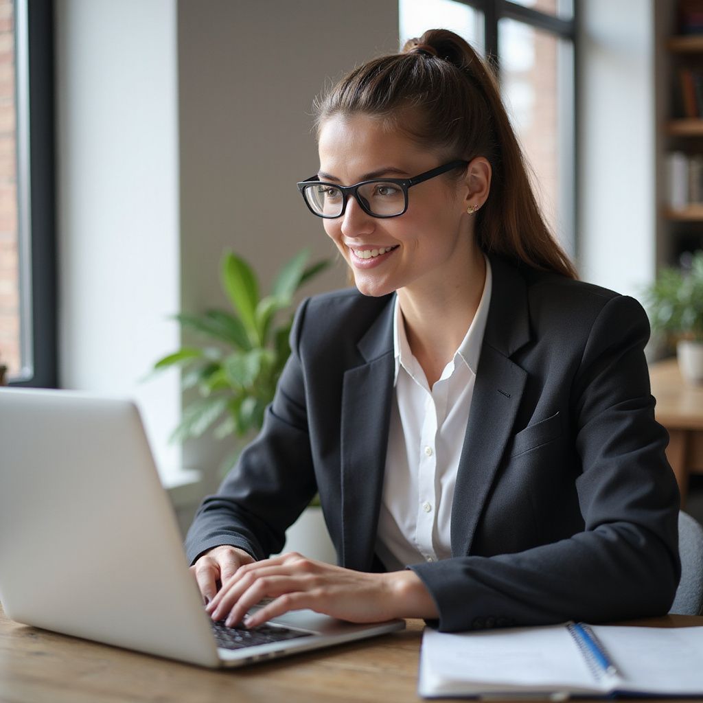 Woman wearing glasses and blazer smiles while typing on a laptop at a desk.